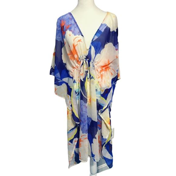 Echo Floral Sheer Swim Coverup Deep V-Neck and Drawstring One Size - Picture 1 of 8